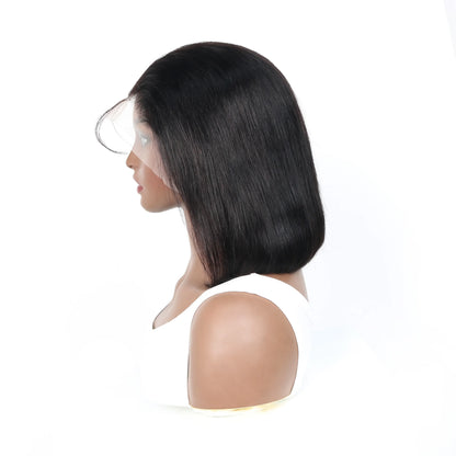 Stylish short bob wig with a rich black shade, designed with high-quality translucent lace for an undetectable fit.