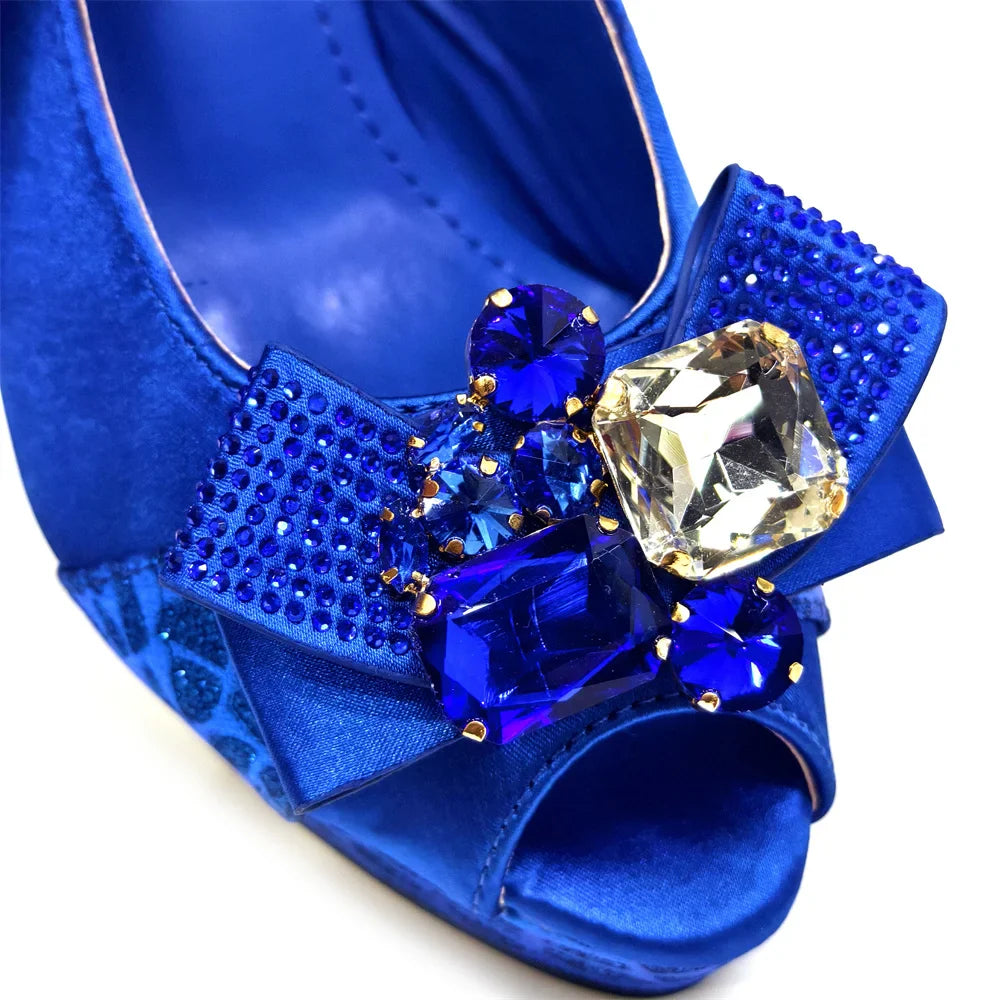 Close-up of the luxurious royal blue rhinestone handbag, showcasing its exquisite craftsmanship and chic design.