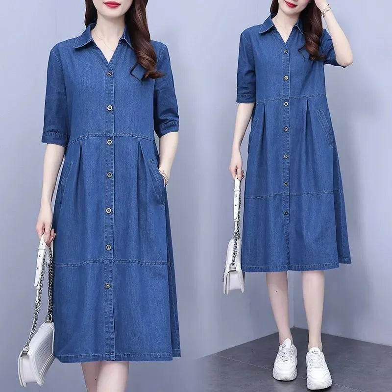Luxurious oversized 5XL casual short sleeve denim dress featuring a stylish square collar and convenient pockets, elegantly tailored in knee-length A-line style for women, perfect for a sophisticated summer wardrobe.