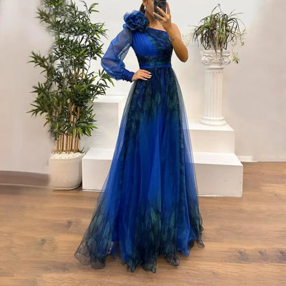 Luxurious floor-length evening dress for women featuring a chic one sleeve design and delicate pleating details, ideal for gala occasions.