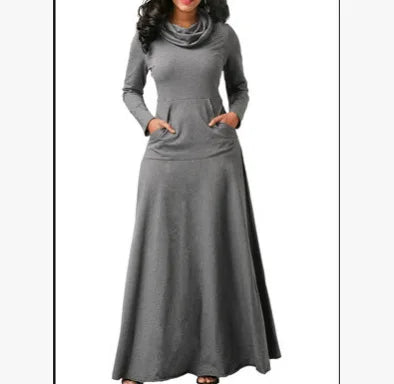 Elegant women’s ankle-length maxi dress from Hot Trends Area, showcasing a chic high collar and long sleeves, perfect for autumn and winter fashion.