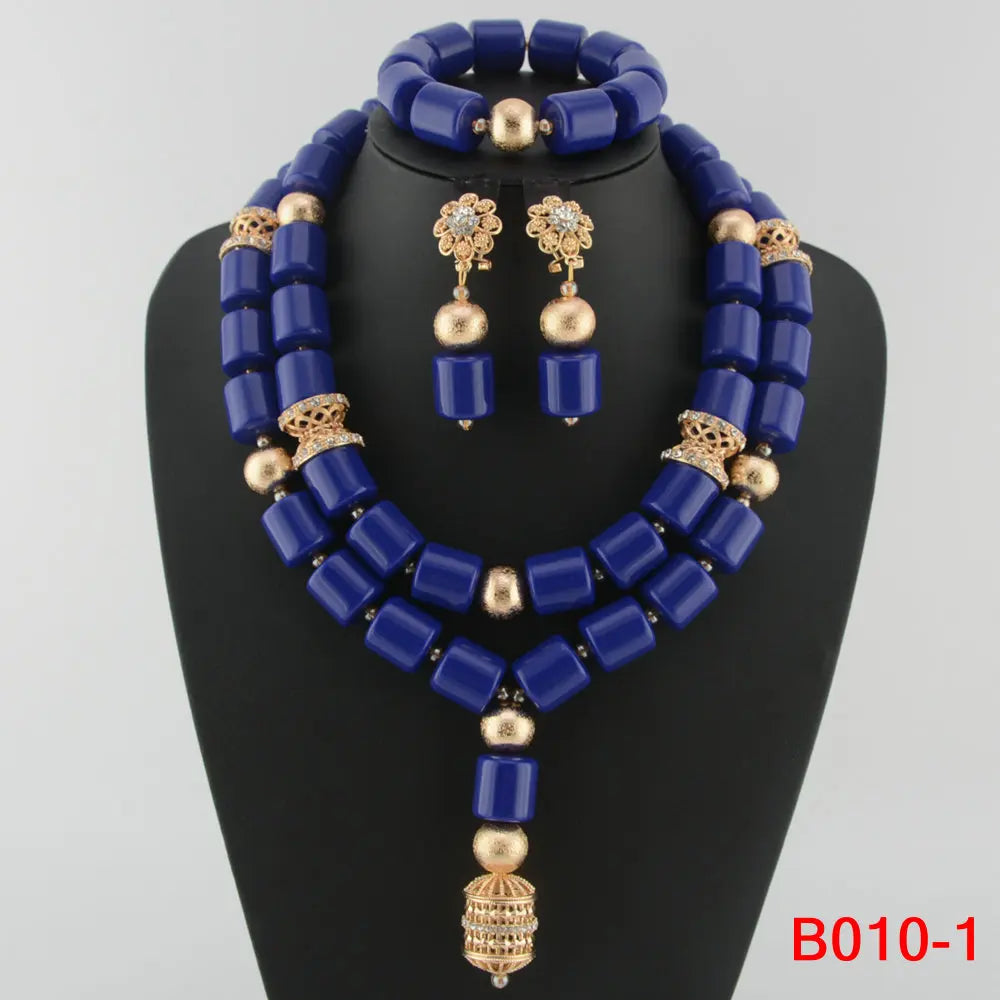 Luxurious elegant African wedding jewelry set featuring resin beads, including necklace, earrings, and bracelet for women, showcasing a classic design.