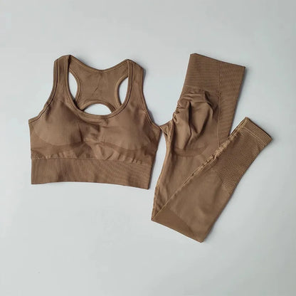 Luxury women's yoga set featuring high waist leggings and a matching sports bra, designed for performance and style.
