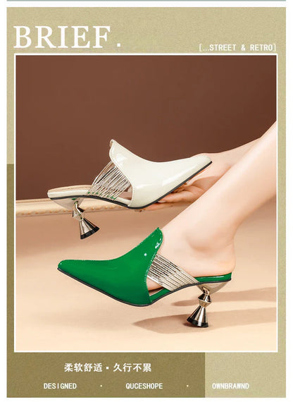 Fashionable women’s slippers in elegant black and green options, featuring high heels and plush latex foam insole for ultimate comfort.