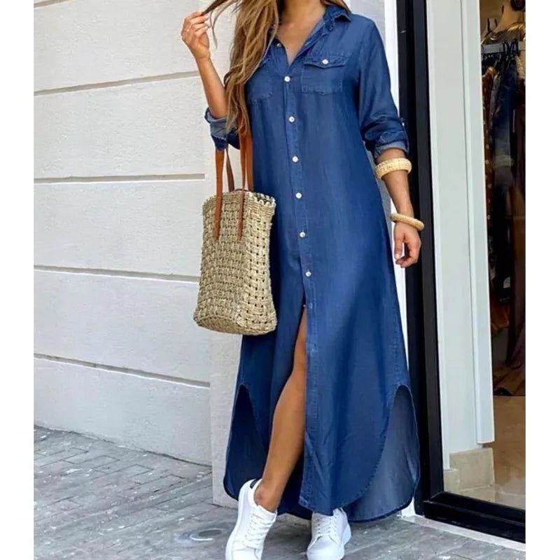 Stylish mid-calf length plaid robe dress with full sleeves and a casual yet luxurious appearance, perfect for summer gatherings and fashionable outings.
