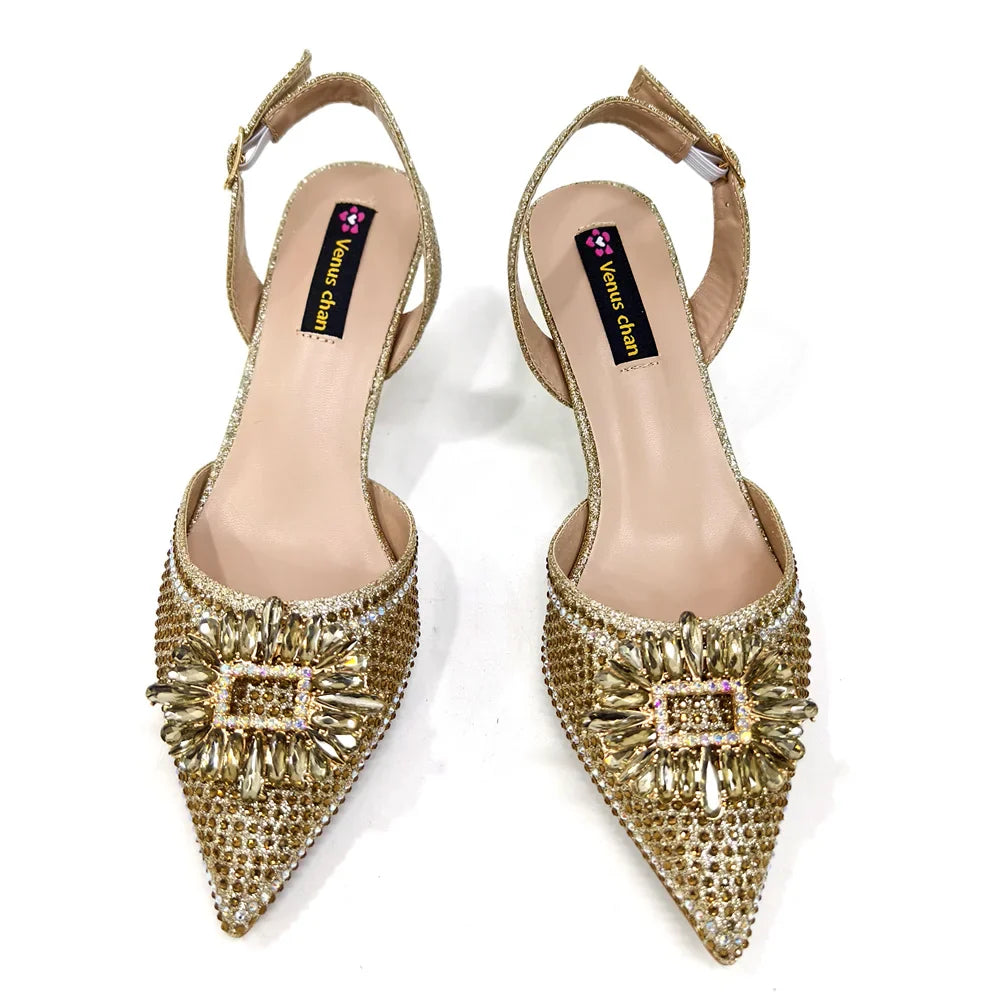 Sleek close-up of woman's medium heel party shoe showcasing its pointed toe and luxurious PU material, ideal for weddings and formal events.