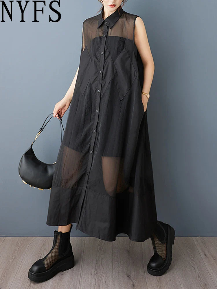 Elegant NYFS Loose Plus Size Organya Splicing Sleeveless Casual Shirt Dress for Women in Korean Style, showcasing a mid-calf length silhouette with a loose fit, perfect for summer gatherings.