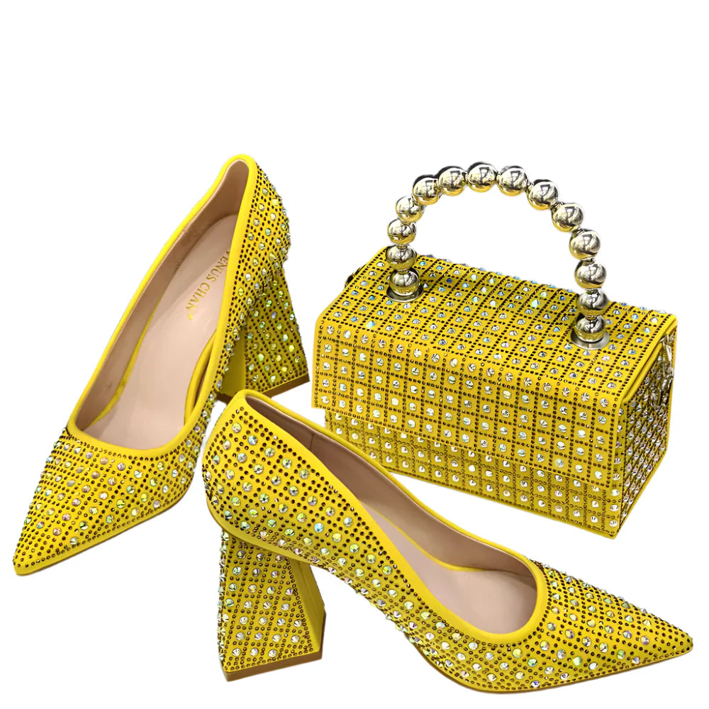 Luxury Venus Chan yellow rhinestone heel party shoes and matching bag set for women, featuring super high spike heels and stylish design perfect for weddings and upscale events.