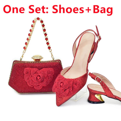 Stylish display of the Elegant Ladies Rhinestone Shoe and Bag Set, featuring a classic design, ideal for sophisticated occasions and parties.