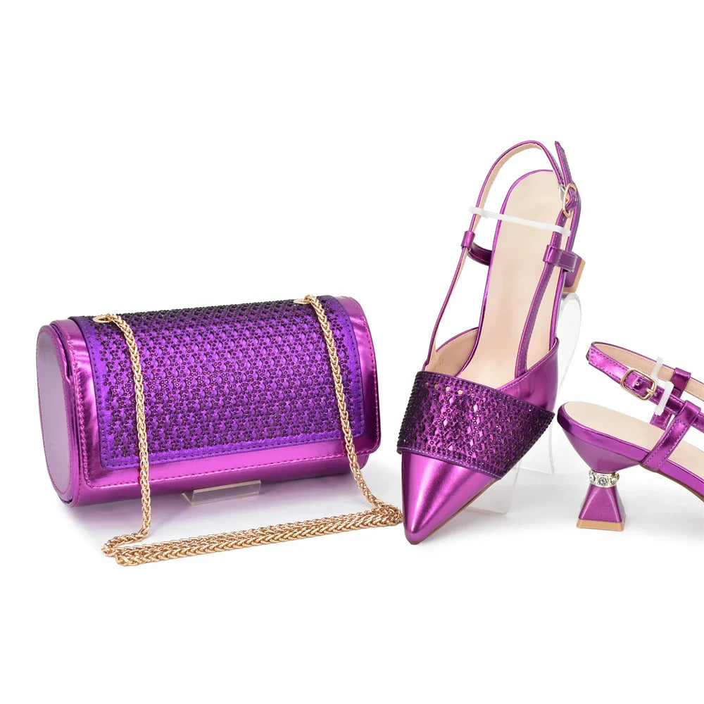 Elegant women's Italian shoe and bag set featuring sparkling rhinestones, stylish high heel slingbacks in luxurious gold finish.