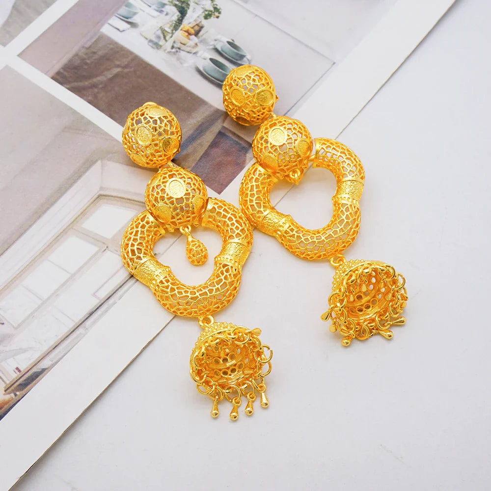 Artistic layout of Trendy Bohemia Long Tassel Earrings, accentuating their fine copper alloy material and modern geometric design.