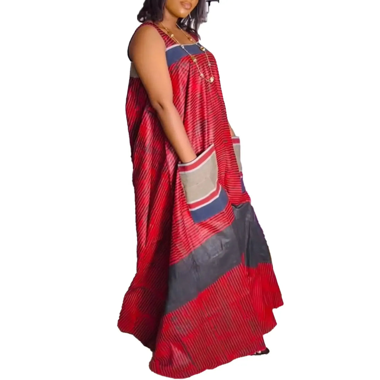 Model wearing the stylish CM.YAYA Women’s Striped Wide Leg Sleeveless Jumpsuit with pockets, demonstrating a flattering loose fit for a sophisticated summer look.