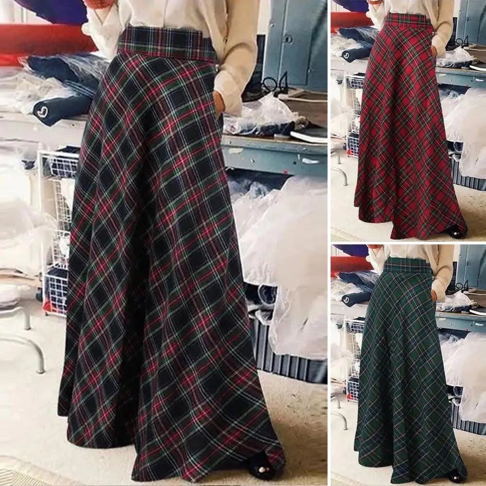 Sophisticated view of the A-Line High Waist Plaid Maxi Skirt, crafted from blended polyester for a stylish and comfortable fit during cooler seasons.