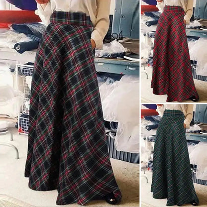 Sophisticated view of the A-Line High Waist Plaid Maxi Skirt, crafted from blended polyester for a stylish and comfortable fit during cooler seasons.