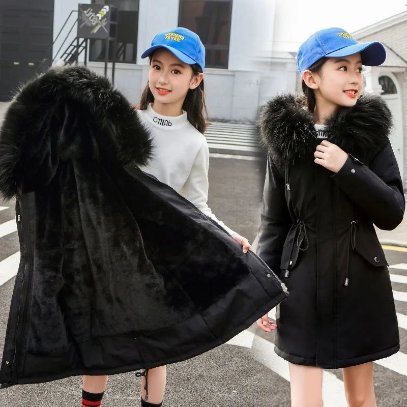 Luxurious girls winter jacket featuring a stylish hood and plush fur collar, perfect for ages 5 to 14, designed for warmth and elegance in cold weather.