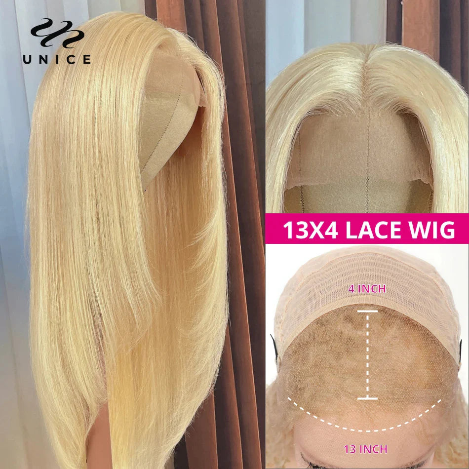 Luxurious Unice 613 Blonde Straight 5x5 HD Lace Wig featuring a 13x4 lace front design, made from virgin human hair, and gracefully long at 26 inches.
