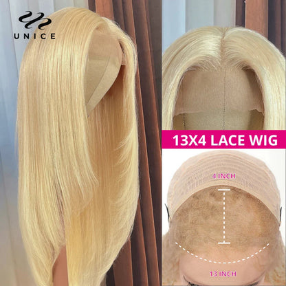 Luxurious Unice 613 Blonde Straight 5x5 HD Lace Wig featuring a 13x4 lace front design, made from virgin human hair, and gracefully long at 26 inches.