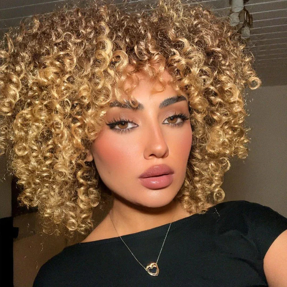 Premium short Afro kinky curly blonde wig with bangs, showcasing a stylish synthetic design for a luxurious look.