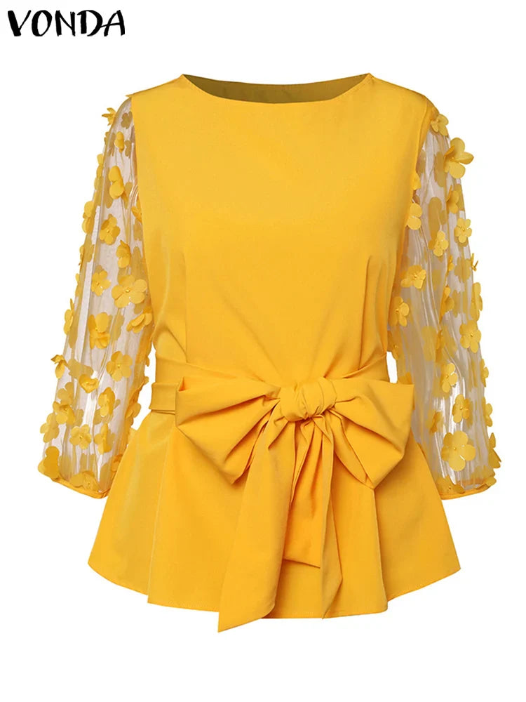 Chic three-quarter sleeve VONDA women's blouse in 5XL size, showcasing a stylish loose fit and exquisite patchwork, ideal for sophisticated casual wear.