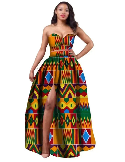 Luxurious women’s dress styled with traditional African Ankara patterns, ideal for special occasions and evening wear.