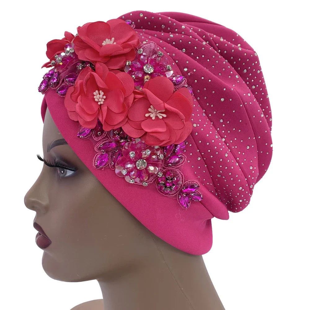 African Turban Cap displayed elegantly, showcasing its high-quality polyester fabric and exquisite rhinestone accents.