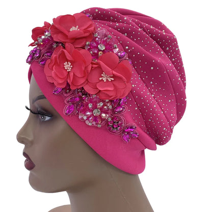 African Turban Cap displayed elegantly, showcasing its high-quality polyester fabric and exquisite rhinestone accents.