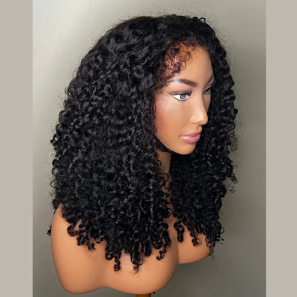 High-quality Swiss lace material of a luxury 26-inch kinky curly lace front wig, designed for women with heat resistant high temperature fiber for a sophisticated style.