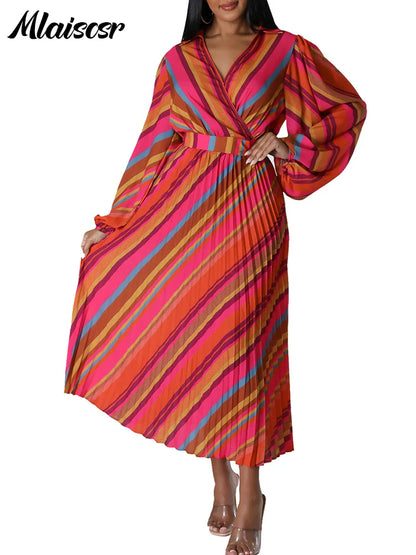 Mlaiscsr pleated midi dress featuring a stylish V-neck neckline and full-length sleeves, ideal for sophisticated evening events and casual daytime outings.