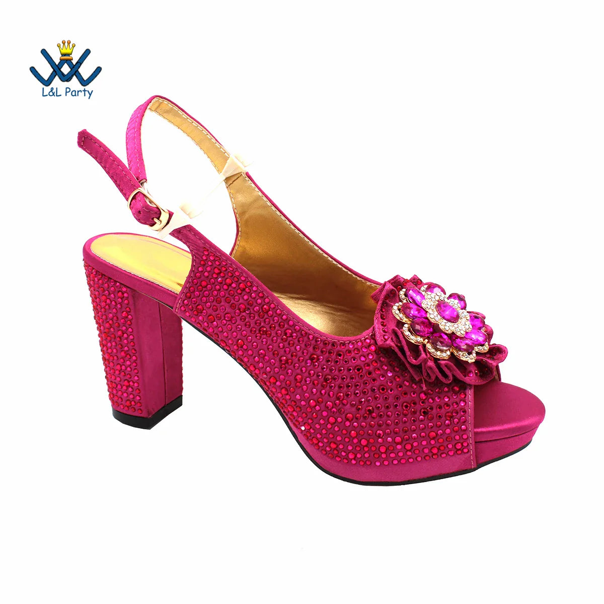 Elegant close-up of the crystal embellishments on magenta peep toe pumps, showcasing high fashion and sophistication.