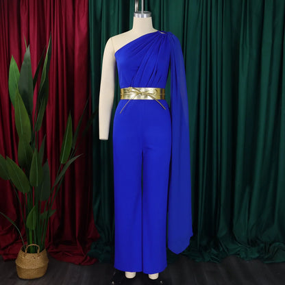 Elegant one shoulder high waisted jumpsuit for women featuring flying sleeves, ideal for classy events and available in sizes S to XXXL.