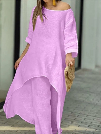 Sophisticated asymmetrical top from a women's two-piece outfit, ideal for middle-aged ladies seeking comfort and style.