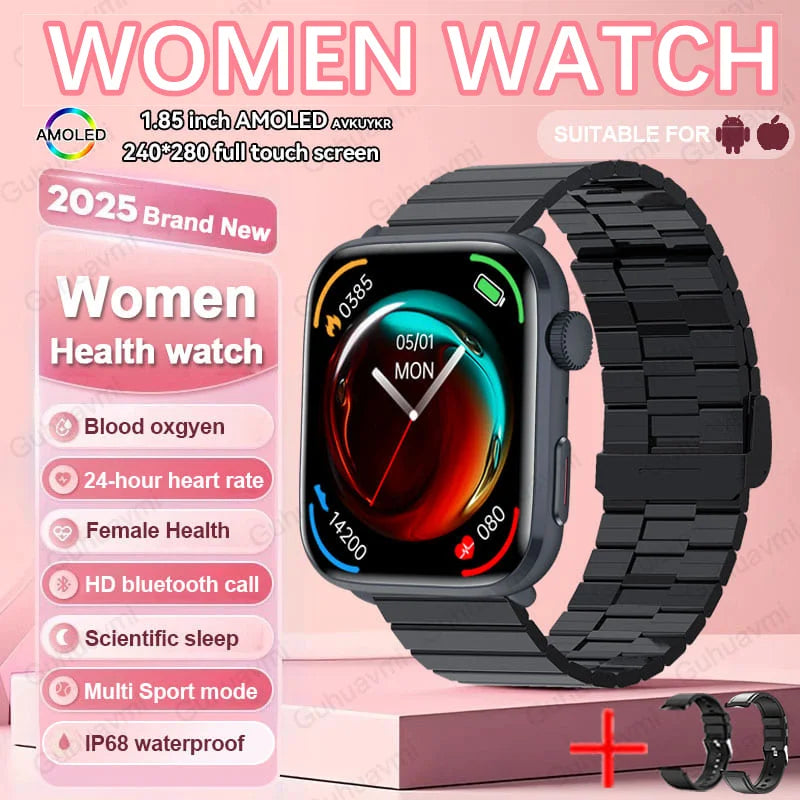 Elegant AMOLED display on a women's smart watch, showcasing advanced health monitoring features including temperature measurement and Bluetooth calling.