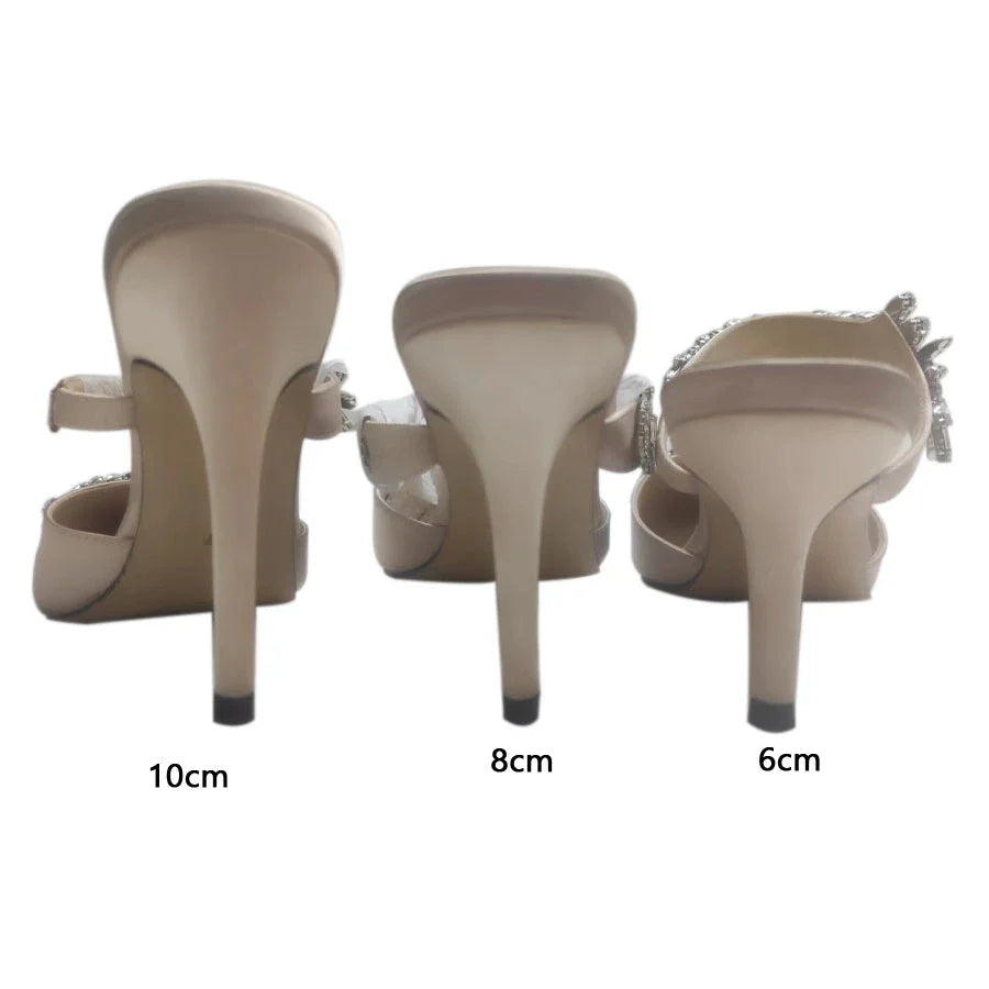 Chic low heel pointed stiletto mules made from high-quality silk, adorned with dazzling rhinestones.