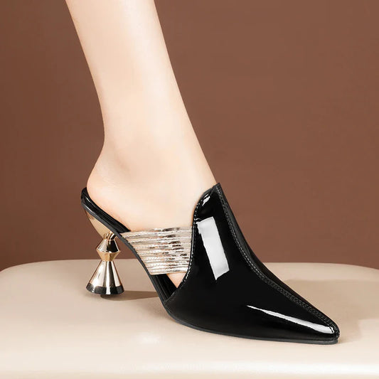 Chic high heel slip-on mules for women, showcasing a sophisticated British style with high-quality PU upper and comfortable latex foam insole.
