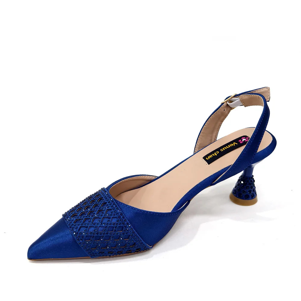 Close-up of exquisite rhinestone detailing on Nigerian women's heeled shoes, perfect for enhancing evening attire at glamorous events and celebrations.