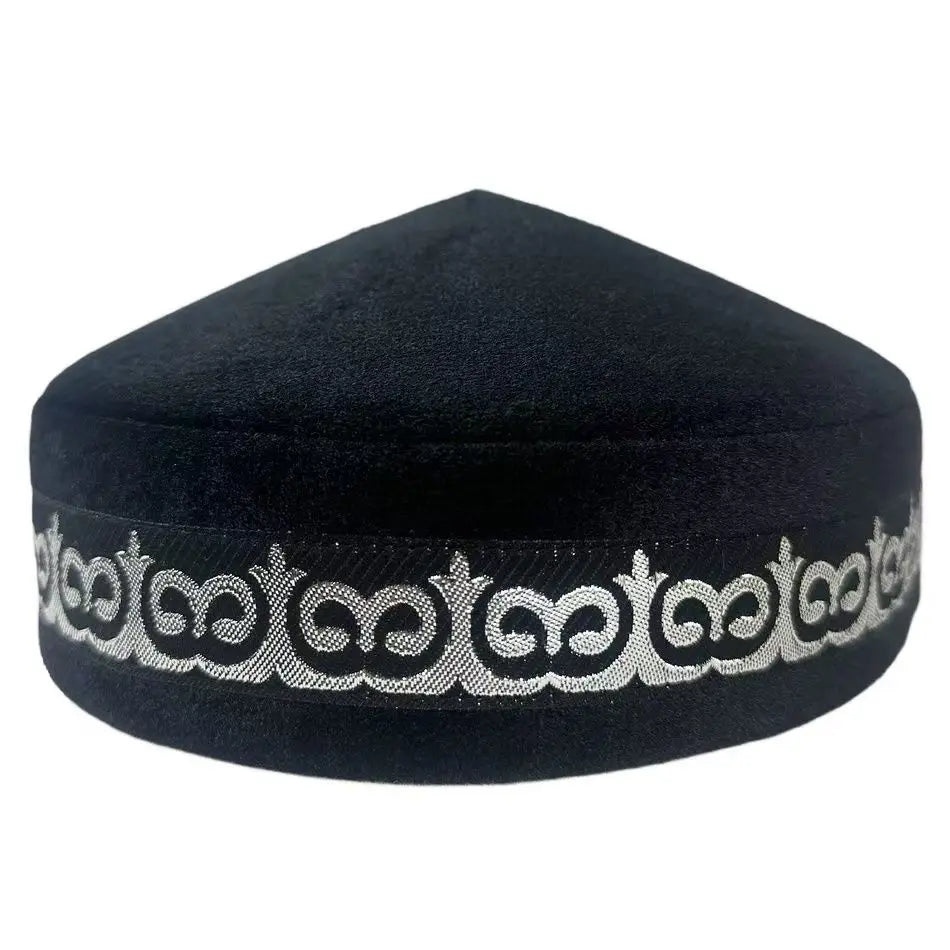 Stylish blue cotton kufi cap, designed with intricate patterns, an essential accessory for distinguished men.