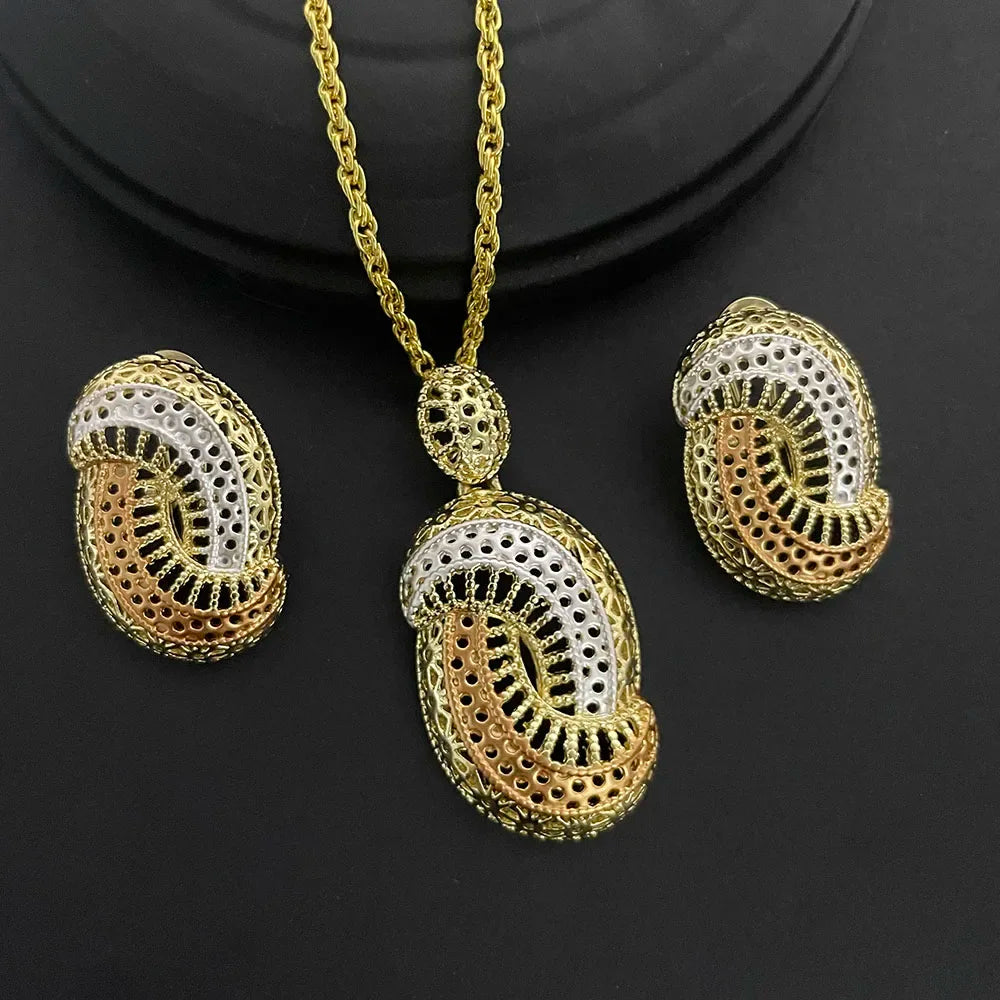 Elegant display of the 24K gold-plated copper jewelry set, featuring intricate geometric designs ideal for weddings and parties.