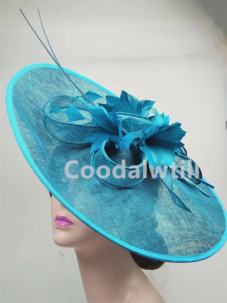 Elegant Royal Ascot Big Fascinator Hat for Women, perfect for Kentucky Derby and upscale weddings, featuring a luxurious feather design, crafted from high-quality linen, ideal for any party or special occasion, diameter approximately 40CM.