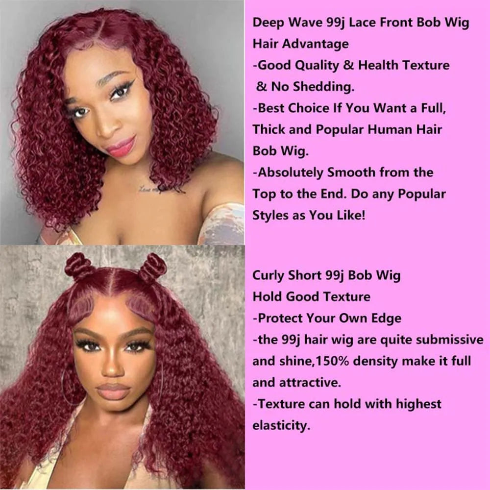 Model wearing the 99J Burgundy Short Deep Wave Bob Lace Front Wig, exemplifying the stunning deep wave texture and a seamless blend for a luxurious finish.