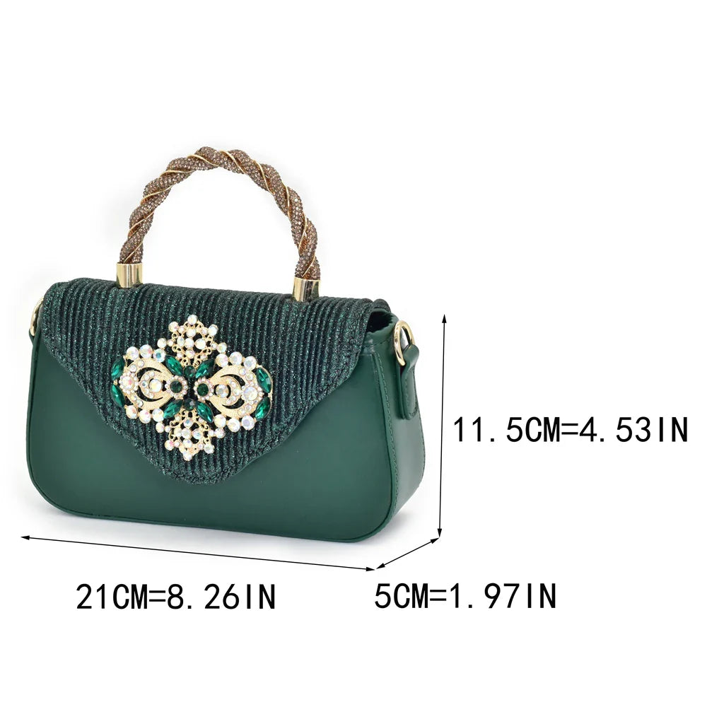 Luxurious matching handbag to complement Italian women's heeled pumps, featuring exquisite crystal detailing, perfect for special occasions.