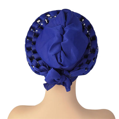 Luxurious polyester African turban cap designed with glittering diamond details, ideal for middle-aged women fashion.