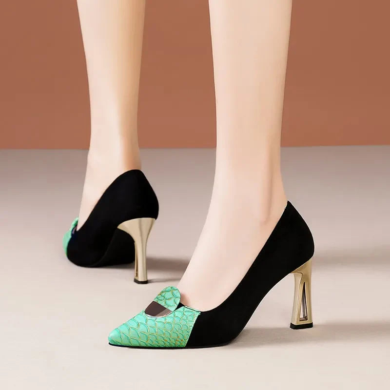 Elegant pointed toe heeled shoes for women, showcasing a luxurious suede finish in a slip-on design, perfect for formal occasions or stylish outings.