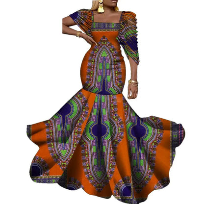 Stylish plus-size African dress featuring intricate wax prints, ideal for upscale events and celebrations, available from size S to 6XL.