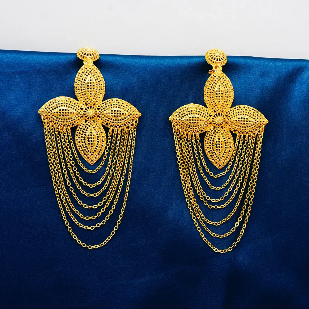 Luxury geometric long tassel earrings for women, featuring a stunning African-inspired design in gold.