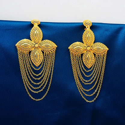 Luxury geometric long tassel earrings for women, featuring a stunning African-inspired design in gold.