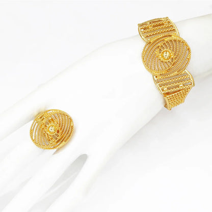 Stylish bracelet from an exquisite gold plated jewelry set, designed for women with a trendy geometric pattern.