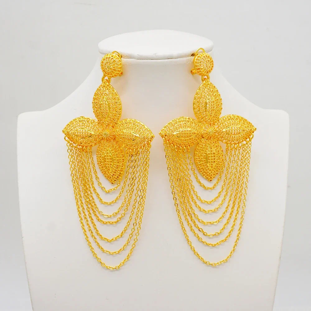 Exquisite African-inspired long tassel earrings, accentuated with gold colour, designed to elevate your style for weddings and upscale events.