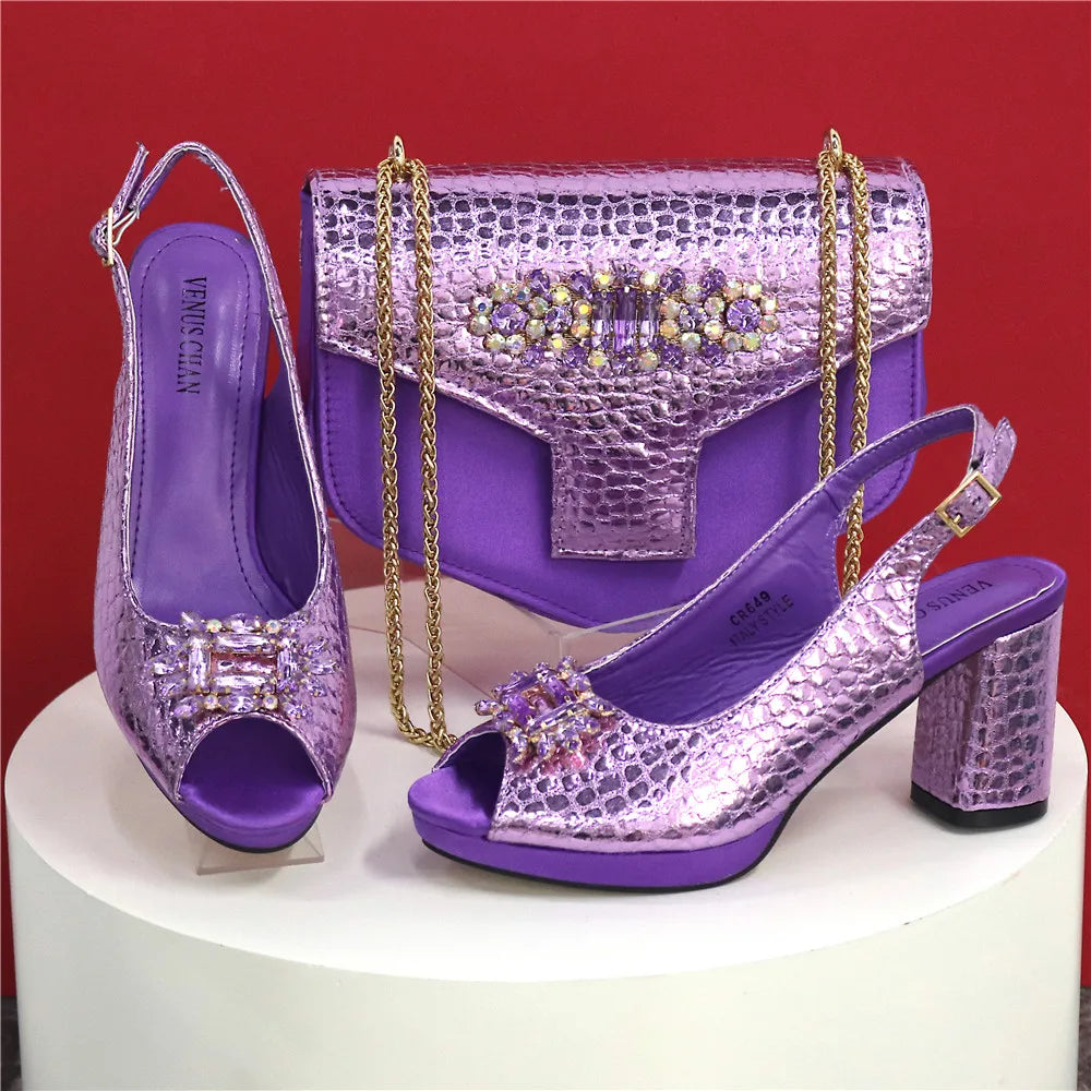 Trendy Women's Heel and Bag Set - Exquisite Rhinestone Detailing for a Glamorous Look.