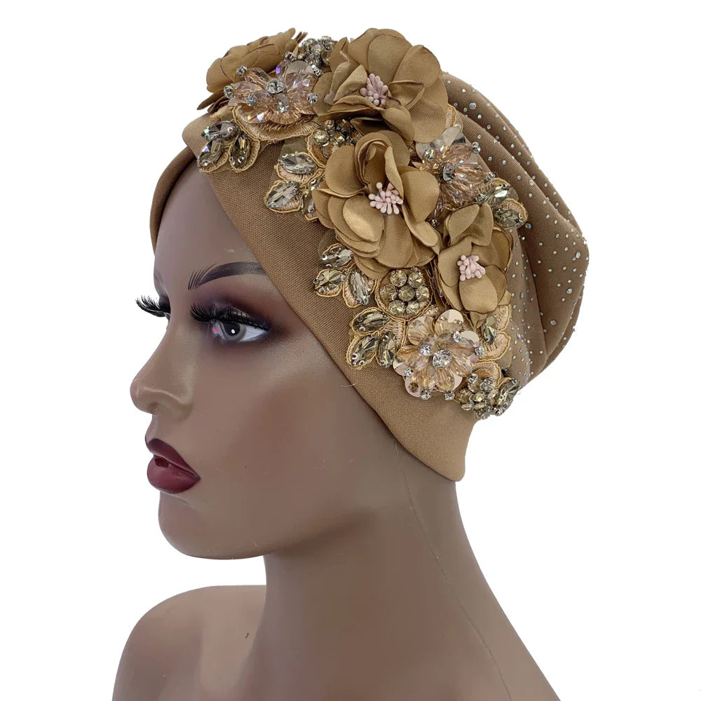 Close-up detail of luxurious rhinestone embellishments on the African turban cap, showcasing its exceptional craftsmanship and design.