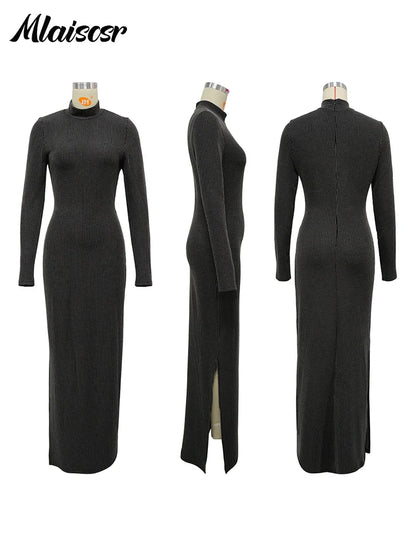 Back view of the Mlaiscsr ribbed bodycon dress emphasizing the floor-length design and natural waistline, ideal for modern elegance.